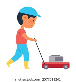 A boy walking with lawn equipment in cartoon style