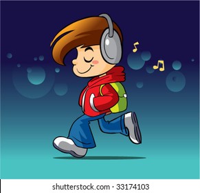 boy walking and listening music