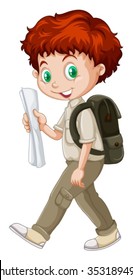 Boy walking with a map in hand illustration