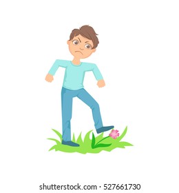 Boy Walking On Lawn Grass Breaking Flowers. Teenage Bully Demonstrating Mischievous Uncontrollable Delinquent Behavior Cartoon Illustration
