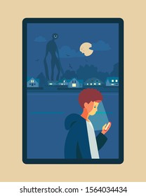 A boy is walking on the street at night, shining a light on his cell phone. There is a huge creature standing in the village far away. One scene of SF. hand drawn style vector design illustrations. 