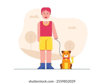 Boy walking in the park with a dog, happy to be with his favorite pet. Character design. Vector flat illustration