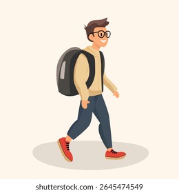 Un niño en una pose caminando, llevando una mochila, concepto de regreso a la escuela.