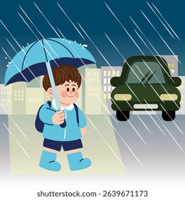 Boy walking in the rain with an umbrella