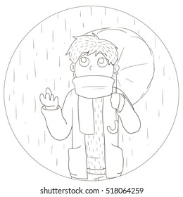 Boy walking in the rain with an umbrella 