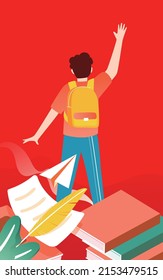 The boy is walking with a school bag, with dates and books in the background, vector illustration