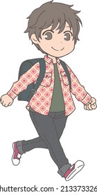 A boy walking with a school bag on his back