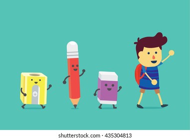 Boy walking to school with stationery for students. Pencil and eraser and pencil sharpener walking follow the him.
