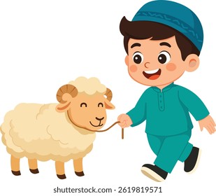 Boy Walking a Sheep Celebrate Eid Al Adha Illustration