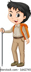 Boy with walking stick on isolated background illustration