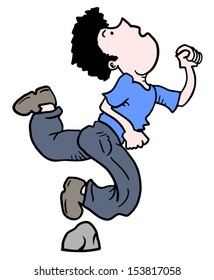 Boy walking and stone