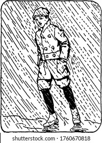 Un niño caminando con fuerte viento y fuerte lluvia usando chaqueta y sombrero, dibujo vintage o ilustración grabadora.