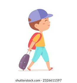 Boy walking with suitcase vector illustration. Cartoon isolated kid tourist in cap rolling suitcase behind for summer vacation, travel in airport of student character, walk of happy male passenger
