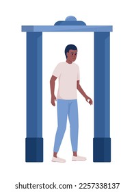 Boy walking through airport security checkpoint semi flat color vector character. Editable figure. Full body person on white. Simple cartoon style illustration for web graphic design and animation