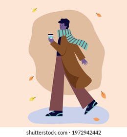 boy  is walking through puddles with cup of coffee illustration in flat  style
