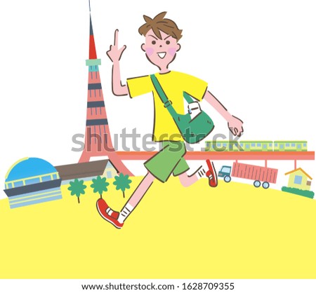 Boy walking in town cheerfully illustration
