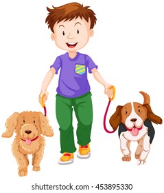 Boy walking two dogs illustration