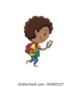 Boy walking watching smartphone, vector illustration