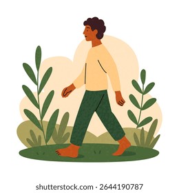 Boy walks barefoot on the grass. People in nature. Boy on a walk. Cottagecore lifestyle. Digital Detox. Harmony with nature vibe. Slow living, relaxing. Flat vector illustration