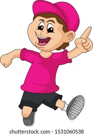 The boy walks casually while pointing his finger cartoon vector illustration