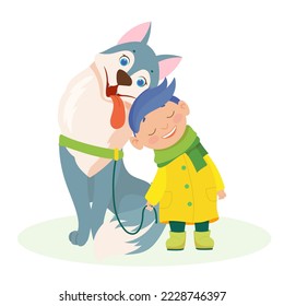 A boy walks with a cheerful husky dog. A child with a pet. Fluffy animals in cartoon style. Vector illustration isolated on white background.