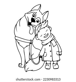 A boy walks with a cheerful husky dog. Coloring book A child with a pet. Fluffy animals in cartoon style. Vector illustration isolated on white background.