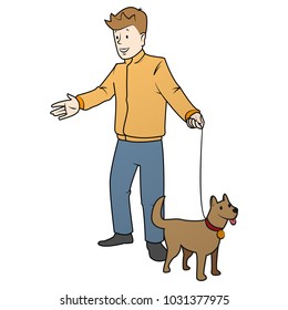 Boy walks with dog. Color vector flat illustration isolated on white background. 