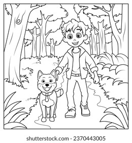 A boy walks with a dog in the forest. Coloring book for children. Vector illustration