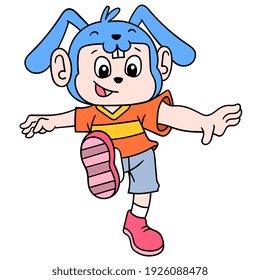 The boy walks happily wearing a bunny hat celebrating Easter, vector illustration art. doodle icon image kawaii.