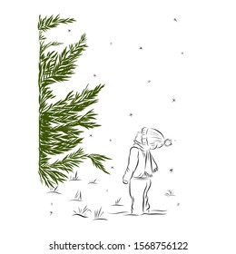 Boy walks in winter forest. Child look at the spruce tree. Coloring page. 