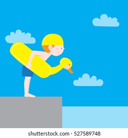 Boy want to swim in swimming pool with inflatable rubber duck cute vector stock
