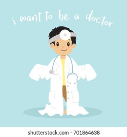 a boy wants to be a doctor cartoon vector. a little boy wearing oversized doctor uniform, stethoscope, and head mirror. 