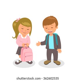 The boy wants to help carry briefcase girls. First love between schoolchildren. Vector illustration of Valentine's Day