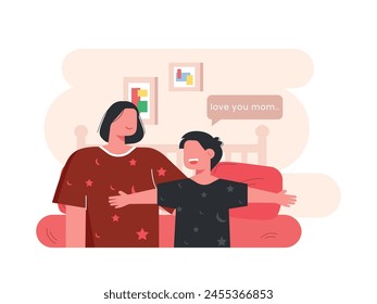 El niño quiere abrazar a su madre y decir amor en su habitación por la noche antes de irse a dormir. Diseño de personajes. Ilustración plana de Vector