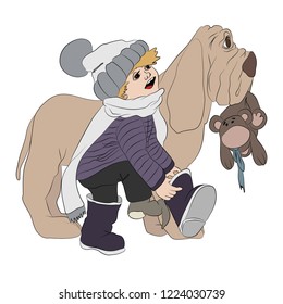 boy in warm clothes and big dog with a toy