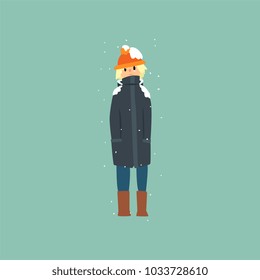 Boy in warm clothes freezing and shivering on winter cold vector Illustration