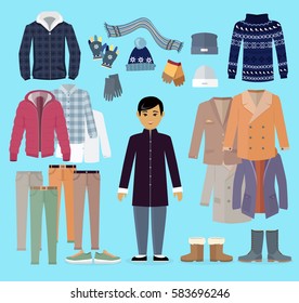 Boy in warm clothes stands in centre with clothing kinds around on light blue background. Vector poster of jacket and coats types, dark sweater, grey hat and gloves, colourful trousers and boots