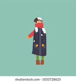 Boy in warm coat and scarf freezing and shivering on winter cold vector Illustration