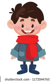 A boy in a warm jacket and scarf. Big head. Vector illustration in cartoon children's style. Isolated funny clipart on a white background. Cute print fun