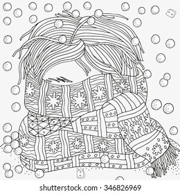 Boy with warm scarf. Winter, cold, snow. Pattern for coloring book. Winter sketch. Warm clothes,  scarf. Hand-drawn vector illustration.