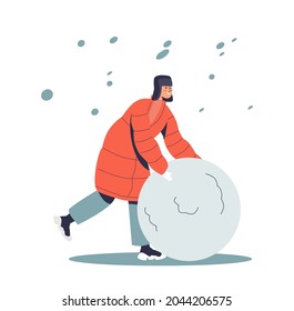 Boy in warm winter clothes making huge snowball for snowman outdoors under snowfall. Funny snow games and seasonal activities concept. Cartoon flat vector illustration
