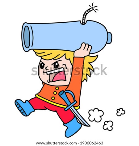 the boy warriors eager to carry the cannon, doodle draw kawaii. vector illustration art