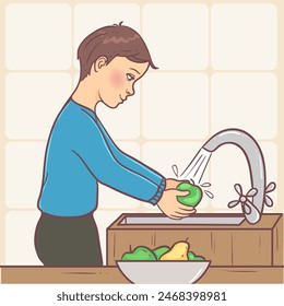 Boy washes fruits in the kitchen before eating, conceptual vector illustration, eps10