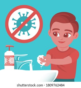 El niño se lava las manos en el lavabo. Pandémica COVID-19. En la cara una máscara protectora. Ilustración vectorial sobre higiene y prevención de infecciones.