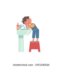 The boy washes his face and eyes under running water in the sink, standing on a stool. Hygiene. Flat cartoon vector illustration. Daily schedule.