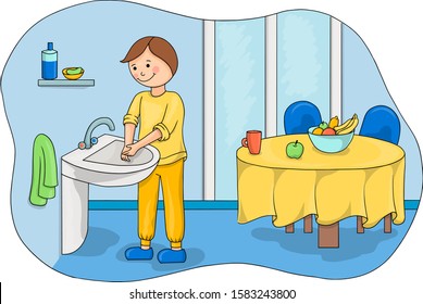 Boy washes his hands before eating. Children vector illustration. Bright illustration. Textbook for children. Baby hygiene