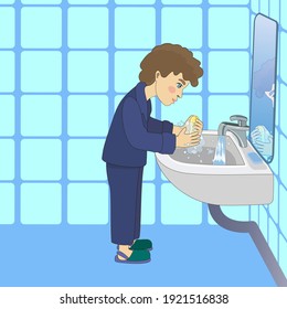 El niño se lava las manos con jabón frente al lavabo y el espejo. Ilustración vectorial.