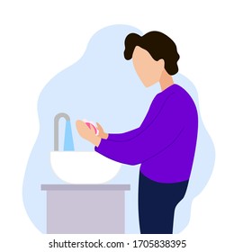 El chico se lava las manos. Ilustración vectorial. Atención de salud. Prevención de virus.