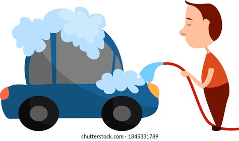 Boy washing the car, illustration, vector on white background