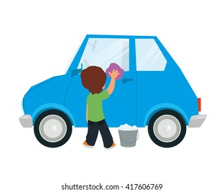 boy washing car vector illustration isolated on white background.